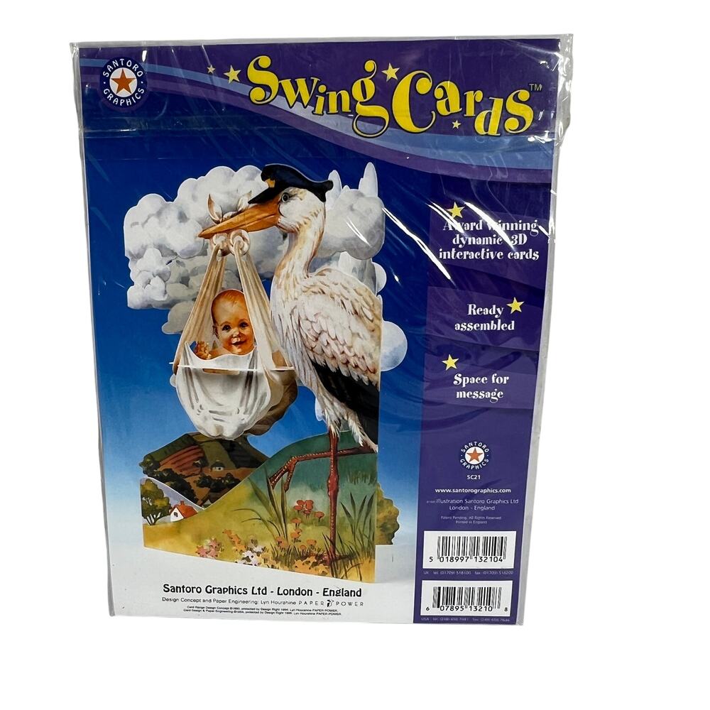 SANTORO GRAPHICS Swing Cards New Baby Stork 3D Pop Up SC21 Vintage 1995 NEW